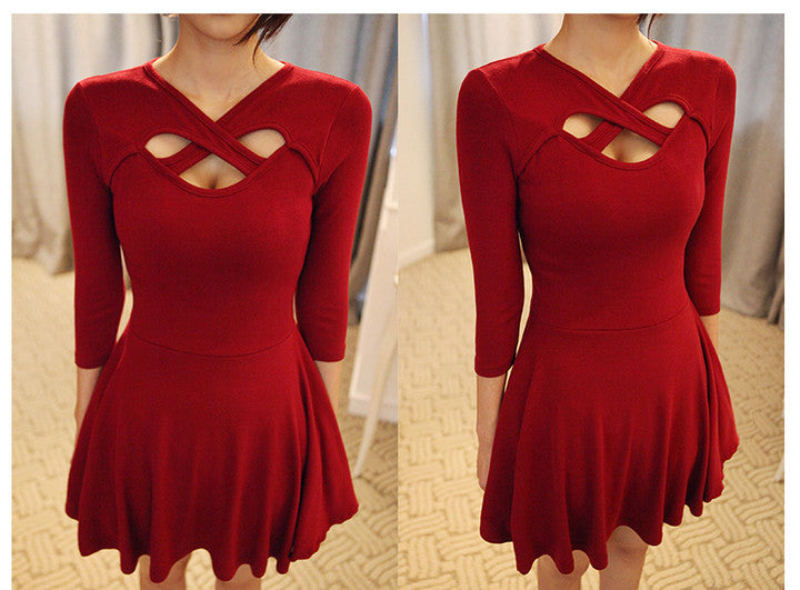Hollow Out 3/4 Sleeve Bodycon Pleated Dress - MeetYoursFashion - 7