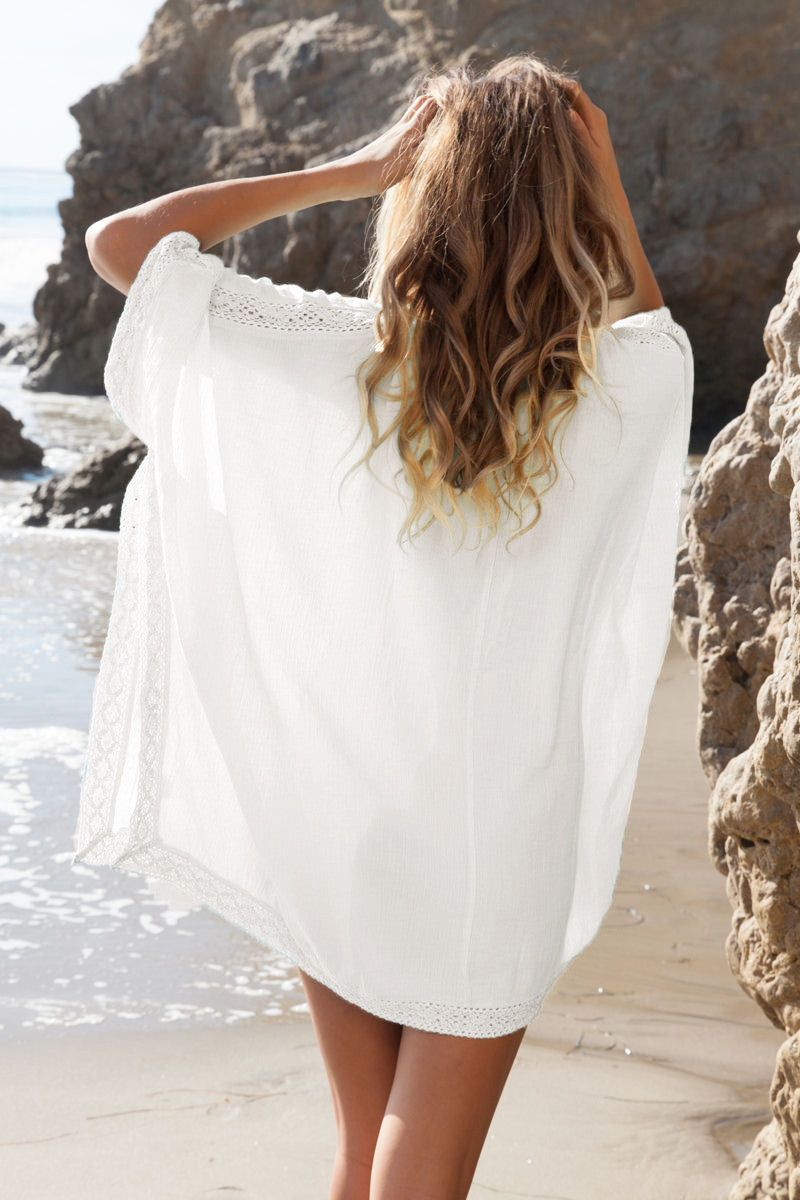 Loose V-neck Long Sleeve Short Beach Cover Up Dress - Meet Yours Fashion - 4