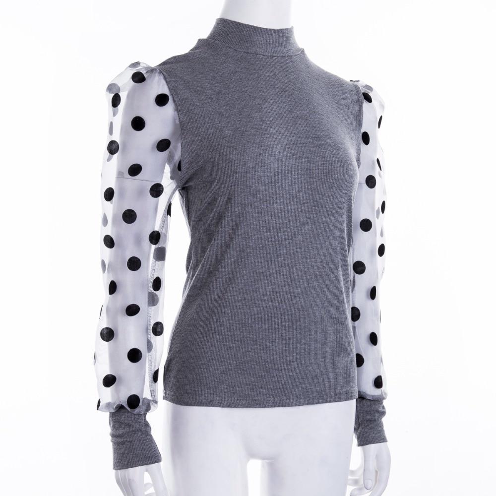 Women Spring Mesh Puff Long Sleeve Ribbed Knitted Shirt Loose Casual Polka Dots Blouse Tops