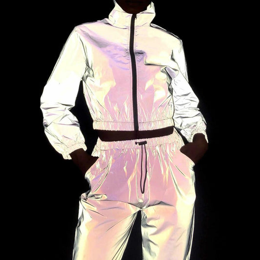 Women Tracksuit 2 Piece Set Hip Hop Reflective Crop Top Pants Fashion Female Loose Zipper Jacket Coat Matching Sets Plus Size