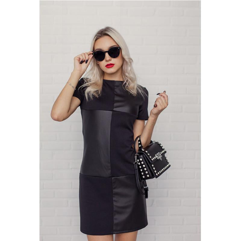Women Vintage Leather Patchwork Elegant Office Dress Long Sleeve O Neck Solid Casual Mini Dress