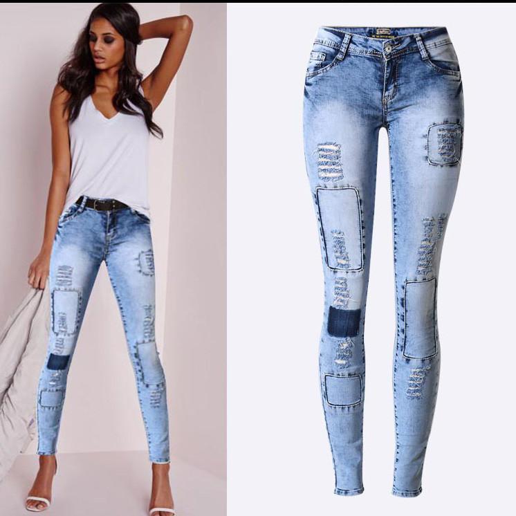 Patchwork Low Waist Ripped Skinny Long Jeans - Meet Yours Fashion - 2