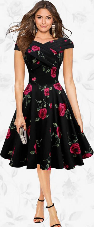 Retro A-Line Roses Print Short-Sleeved Dress
