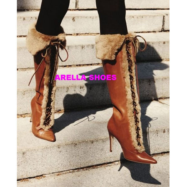 Faux Fur Pointed Toe Lace UP Stiletto High Heel Knee-length Boots