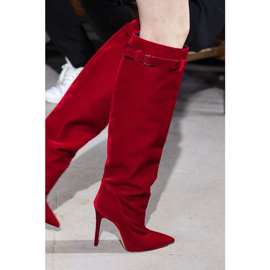 Red Suede Wide Calf Pointed Toe Knee High Boots