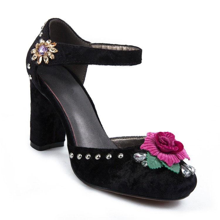 Suede Rhinestone Flower Chunky Heel Sandals