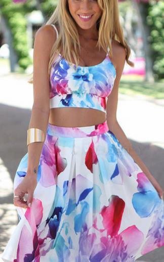 Print Crop Top with A-line Knee Length Skirt Two pieces Dress - Meet Yours Fashion - 1