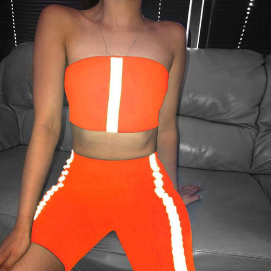 Sexy Strapless High Waist Reflect Bodycon Two Pieces Set