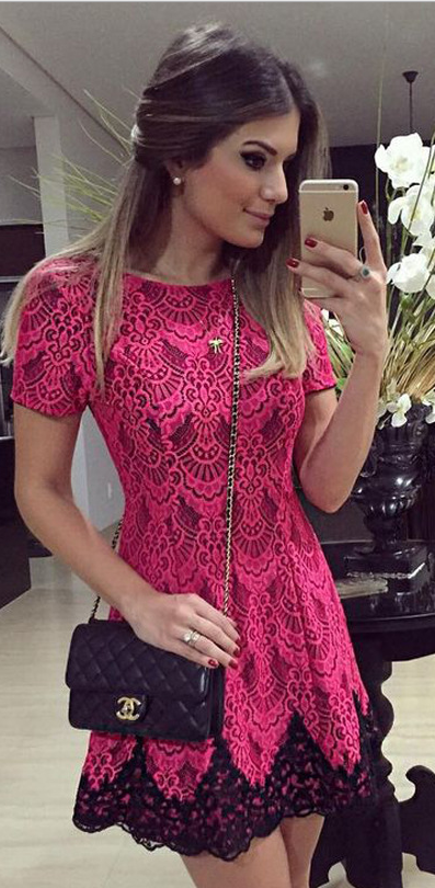 Scoop High-waist Splicing Short Lace Red Dress - Meet Yours Fashion - 2