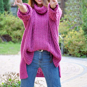 Oversized Turtleneck Low High Cable Knitted Sweater