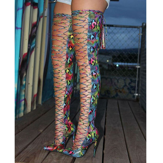 Party Snakeskin Strap Cutout Point Toe Thigh High Boots