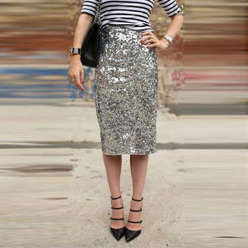 Silver Sequins Sexy Knee-Length Pencil Skirt