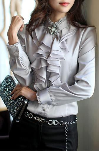 Lace Patchwork Chiffon Falbala OL Long Sleeves Blouse - Meet Yours Fashion - 1