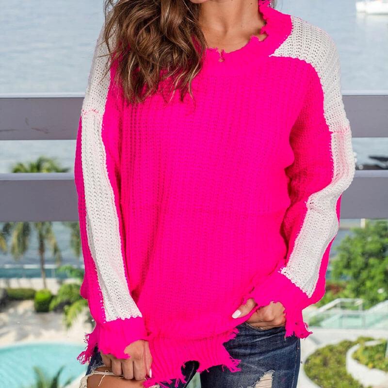 Frayed Hem Colorblock Sweater