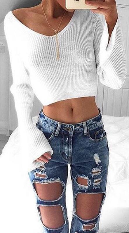 Clearance Sexy White Long Sleeve Crop Top Sweater