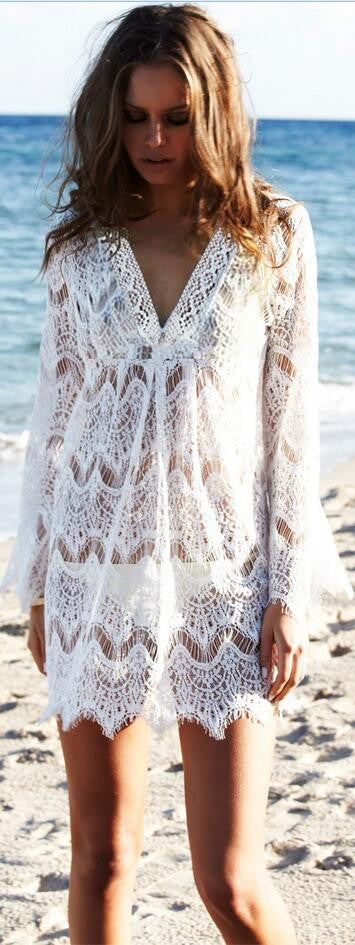 Hook Flower Hollow Out Beach White Short Dress