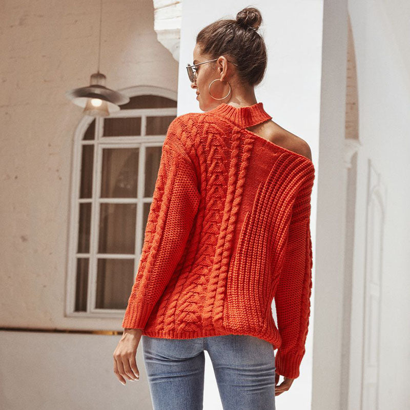 Cut Out Shoulder Cable Knit Sweater