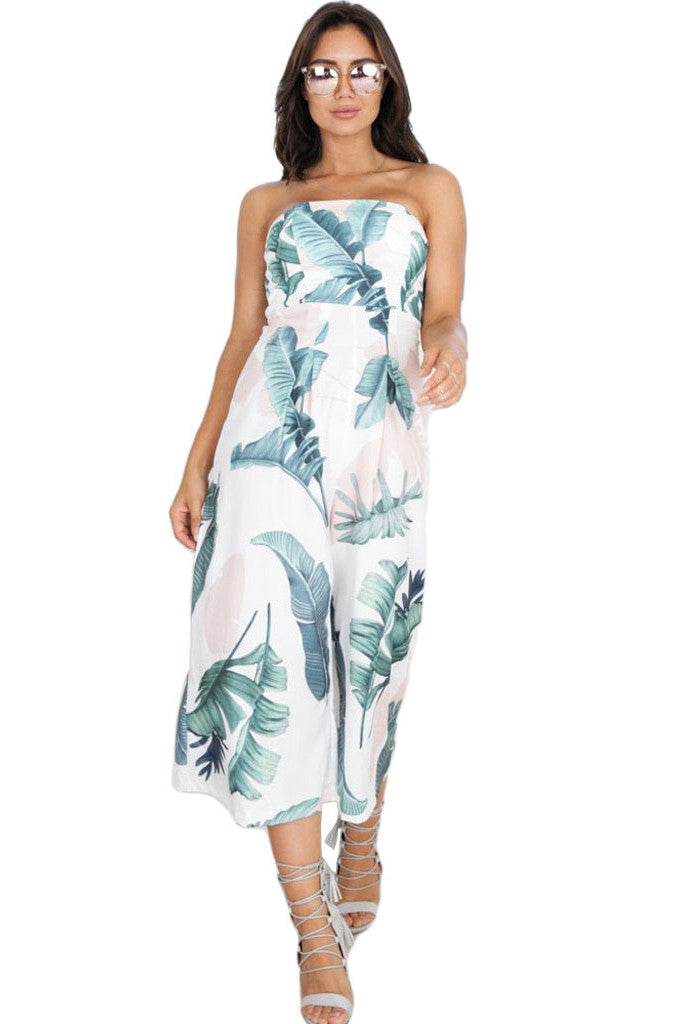 Strapless Floral Print Wide Legs Tee-length Jumpsuit