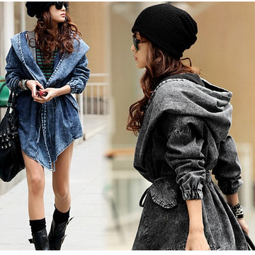 Hooded Irregular Belt Casual Mid-length Long Sleeves Denim Coat - Meet Yours Fashion - 2