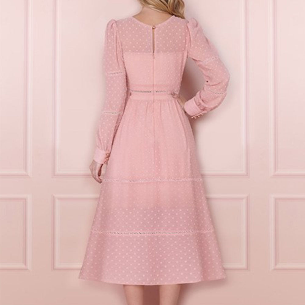 Elegant Pink Long Sleeve High Waist Dress