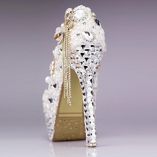 Custom Hand Made Beadings Bowknot Platform Super High Stiletto Heels Bridal Shoes
