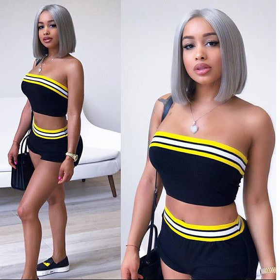 Stripes Crop Top with Bodycon Shorts Two Pieces Sports Set