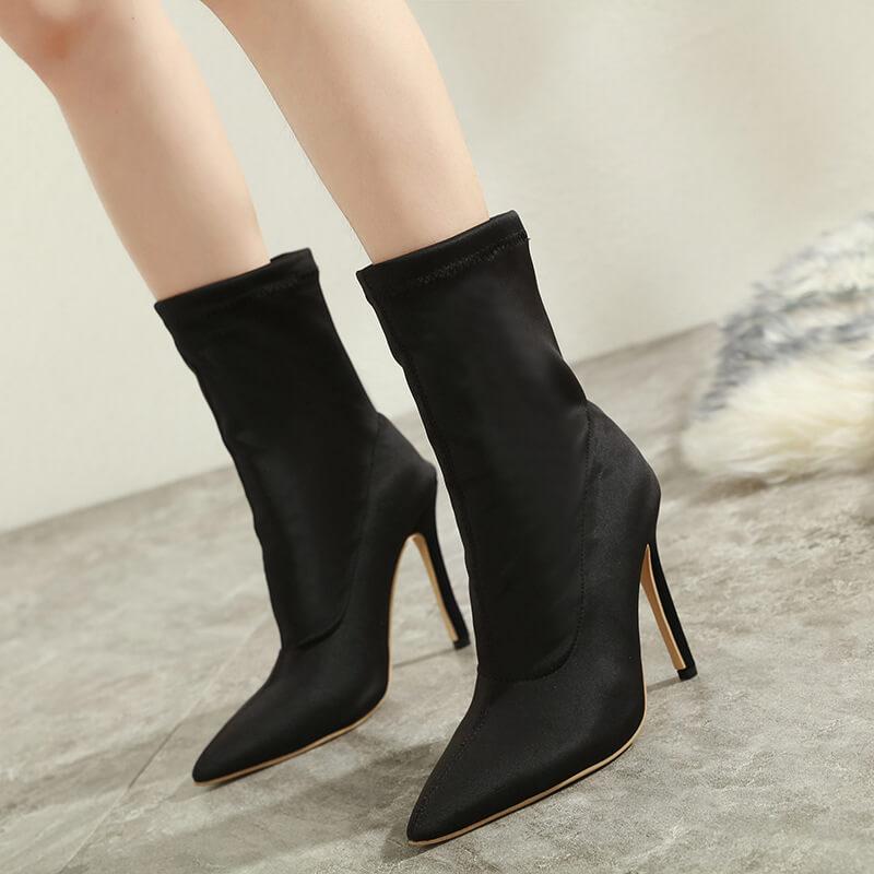 Black High Heel Stretch Ankle Boots