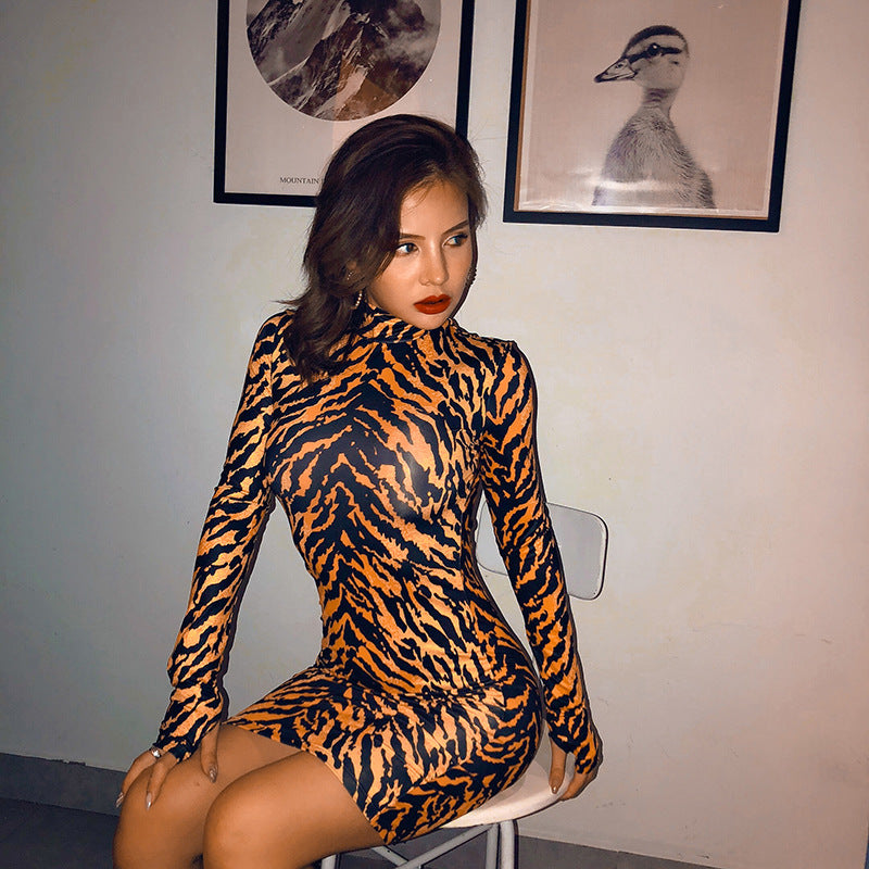 Tiger Skin Print Turtleneck Bodycon Long Sleeve Dress