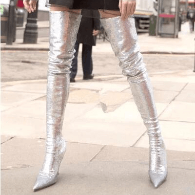 High Heel Glitter Pointed Toe Thigh High Boots