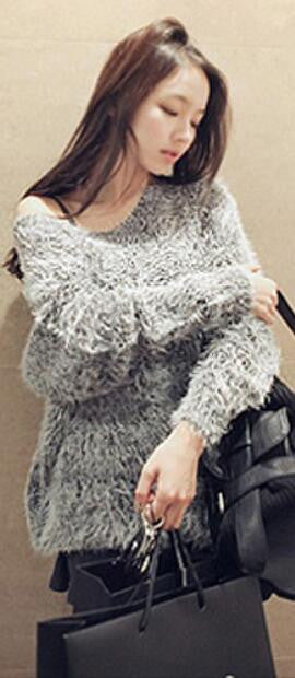 Korea Style Loose Mohair Women's Round Neck Knitting Sweater
