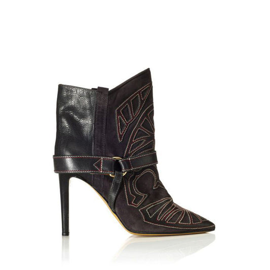 Leather Embroidery Pointed Toe High Heel Ankle Boots