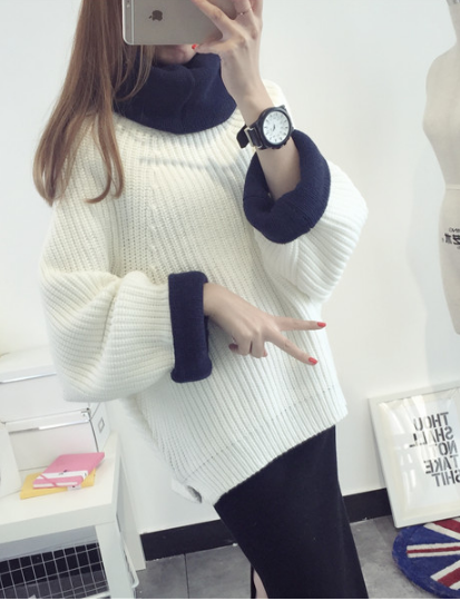 Korean Solid Color Knit Big Pullover Splicing Sweater - Meet Yours Fashion - 1