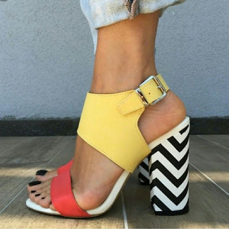 Colorbock Suede Stripes Open Toe Chunky Heel Sandals