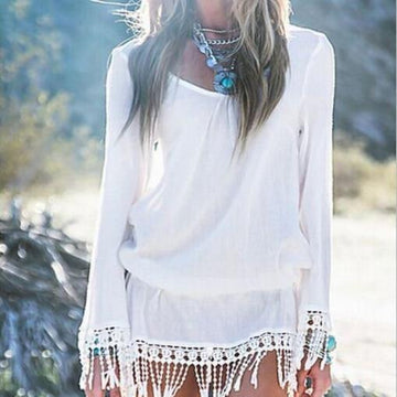 Sexy Long Sleeves V-neck Fringe Beach Cover Up Dress - Meet Yours Fashion - 2