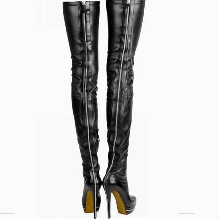 Black Platform Leather Thigh High Zipper Boots