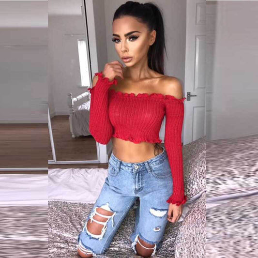 Sexy Off Shoulder Long Sleeve Flapper Cropped T-shirts