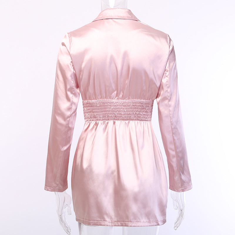 Pink Bodycon Long Sleeve Zipper Shirt Dress