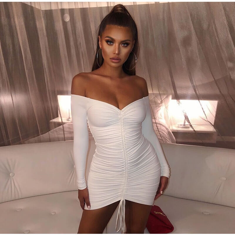 Off Shoulder Bodycon Long Sleeve Ruched Mini Dress
