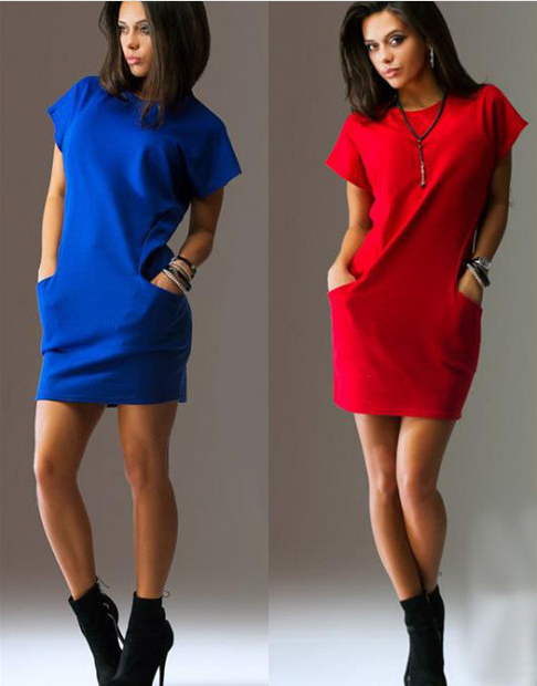 Short Sleeves Solid Color Scoop Short Dress with Pocket - Meet Yours Fashion - 2
