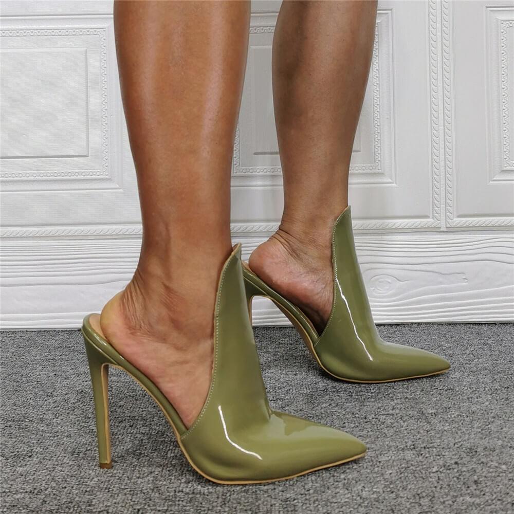 Green Patent Leather Point Toe High Heel Mule Sandals