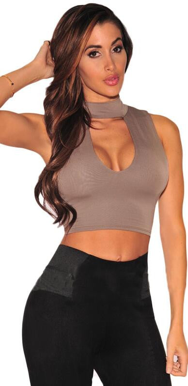Sexy Sleeveless Hollow Out Pure Color High Neck Crop Top