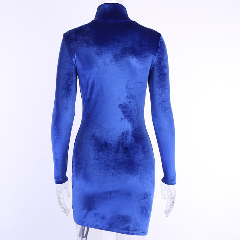 Royal Blue Bodycon Long Sleeve Velvet Turtleneck Dress