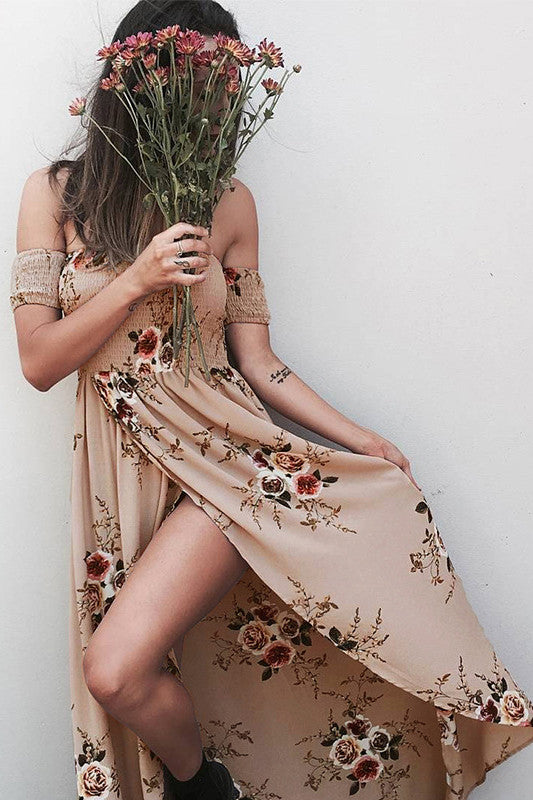 Off Shoulder Short Sleeves Low High Split Flower Print Long Beach Dress