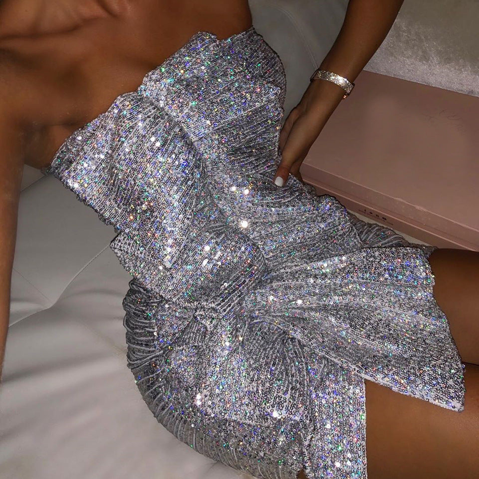 Silver Strapless Ruffle Sequin Backless Sequin Dress