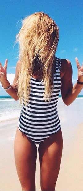 Black White Striped Straps Cross Back One Piece Swimwear