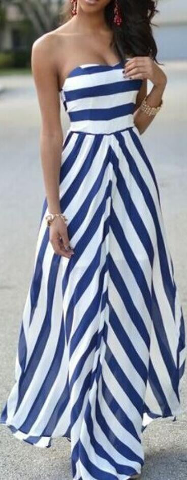 Sexy Strapless Stripe Long Dress