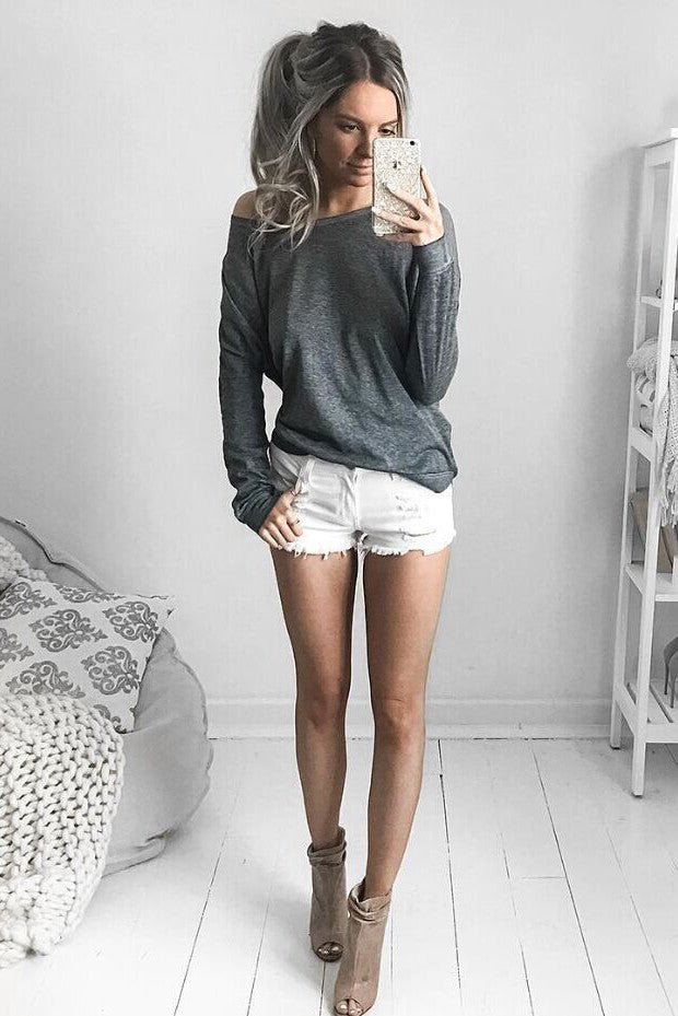 Scoop Pure Color Long Sleeves Loose T-shirt