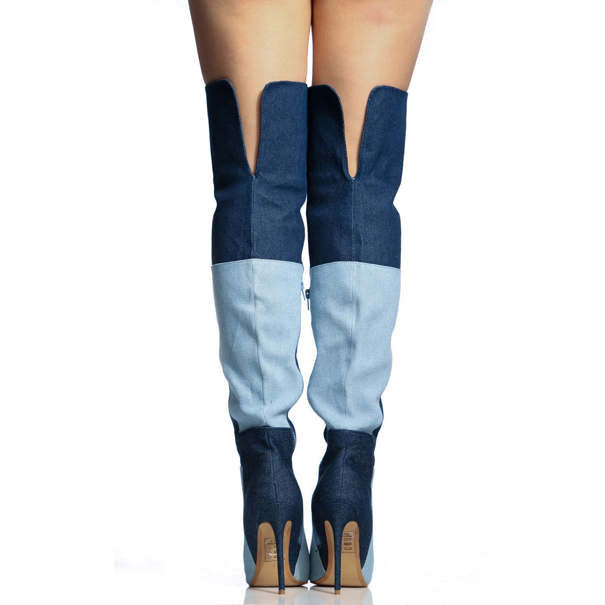 Patchwork Color Block Denim Stiletto High Heel Pointed Toe Over the Knee Long Boots