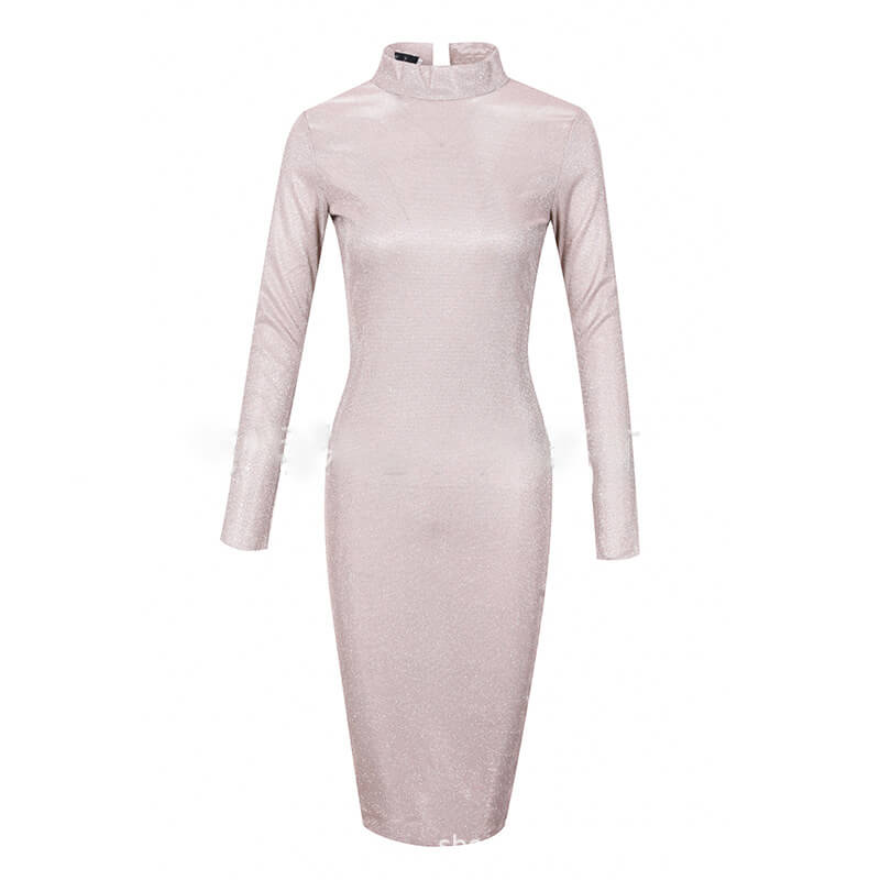 Pink Sequin Backless Slit Turtleneck Bodycon Dress