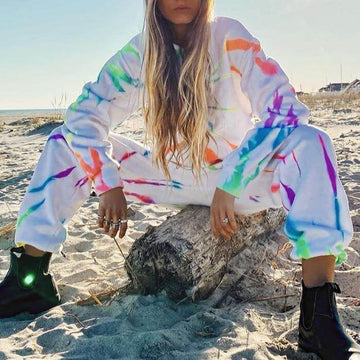 Casual White Tie Dye Loose High Waist Long Sleeve Two Pieces Set